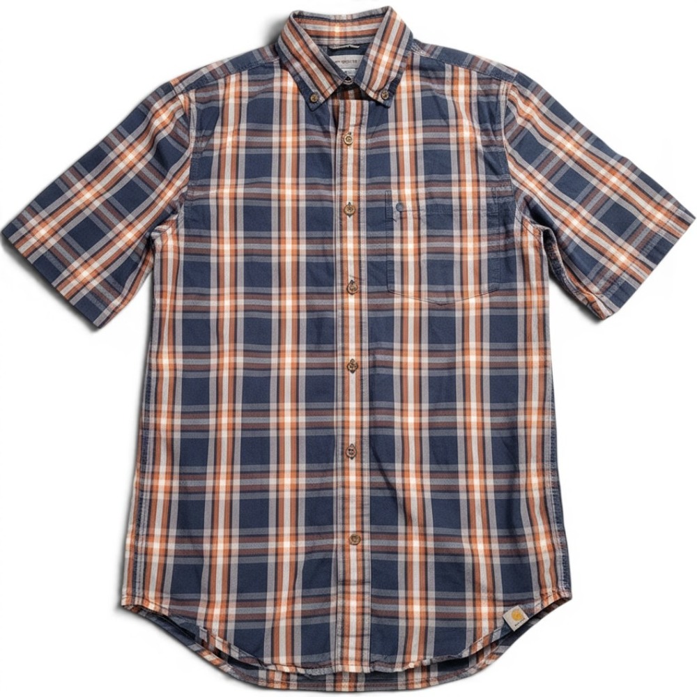 Carhartt Mens Plaid Short Sleeve Button Down Shirt Navy Orange White Small